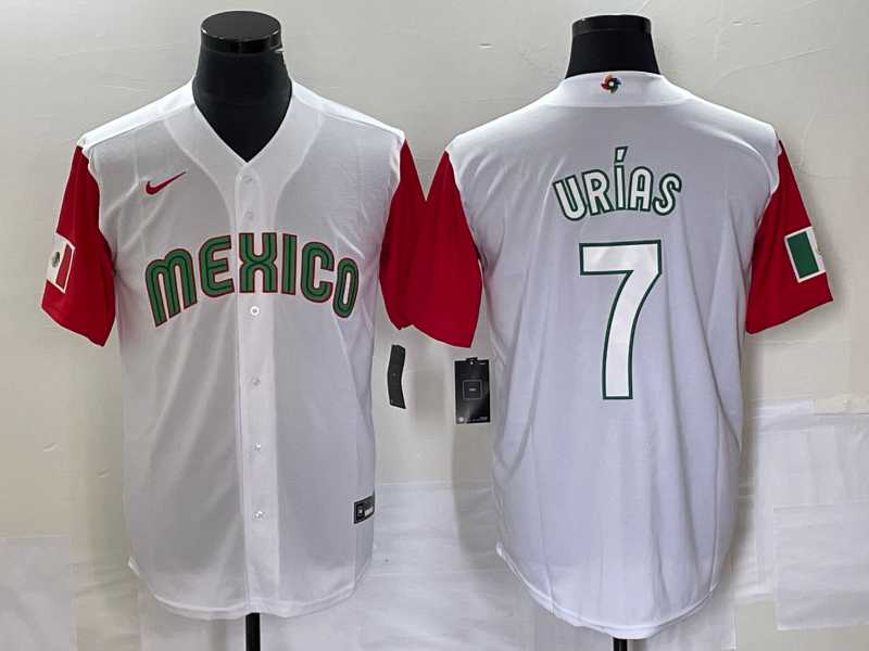 Mens Mexico Baseball #7 Julio Urias Number 2023 White Red World Classic Stitched Jersey 38